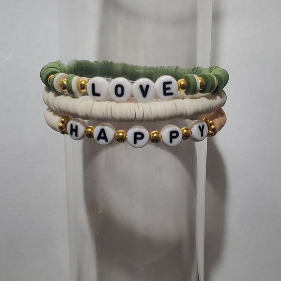 Handmade Polymer Clay Word Bead Bracelet Set – “LOVE” & “HAPPY” Stack - Picture 3 of 4